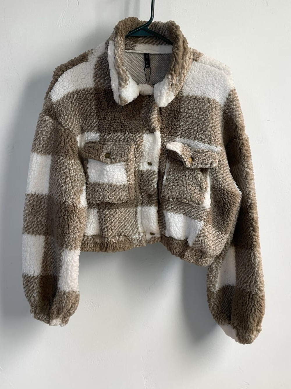 ZAFUL Sherpa Plaid Crop Jacket Large NWT Teddy Fleece Button Front